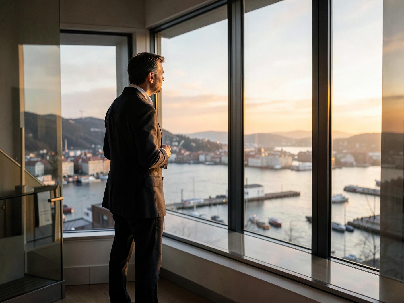 Person i dress ser utover byen fra et høyt kontorvindu i solnedgang