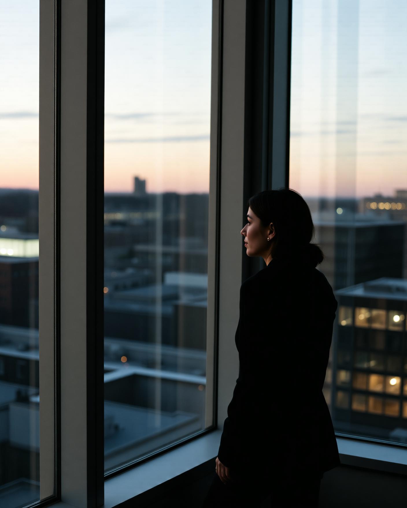 Leder ser utover byen fra et kontorvindu i skumringen