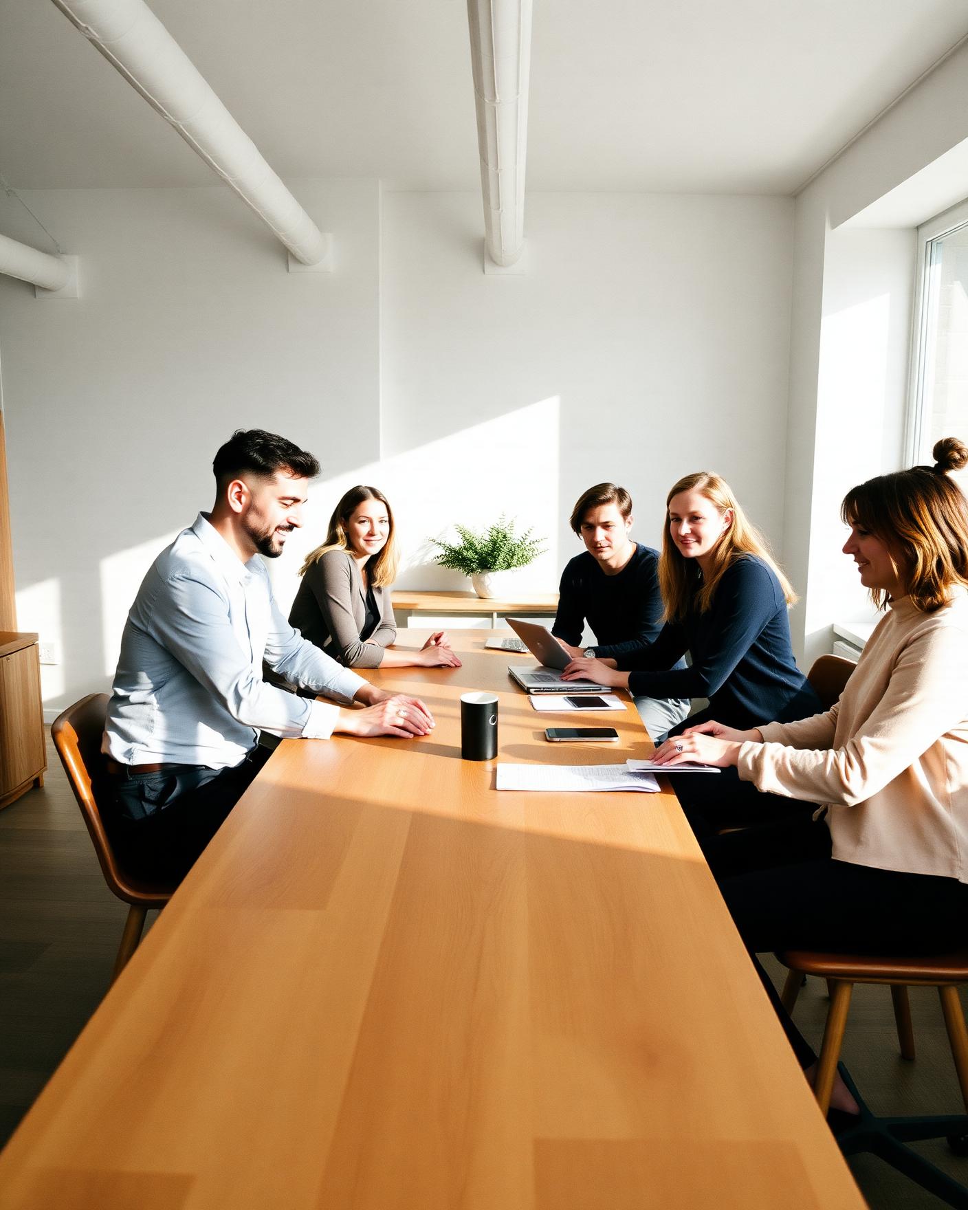 Team i arbeid rundt et langbord i et lyst kontorlokale